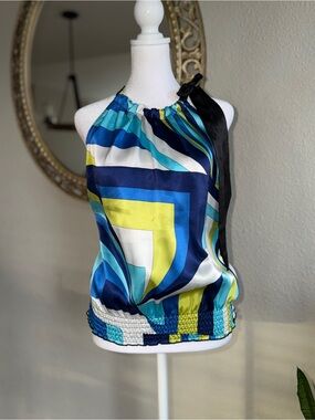 Bwear Blue, Teal, Lime & White Halter Camisole with Black Tie